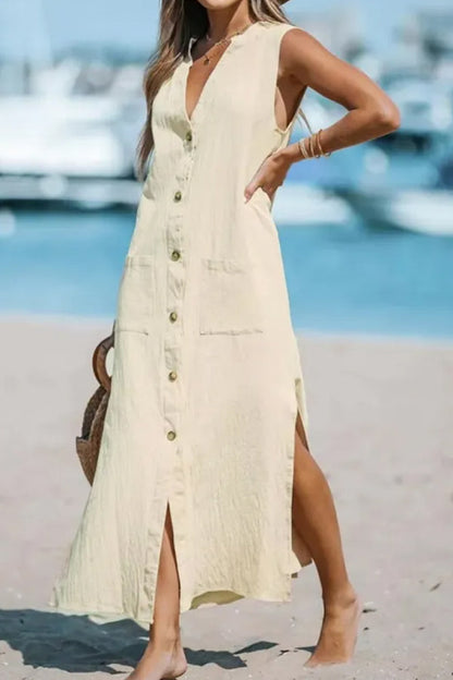 Cotton and Linen Sleeveless Loose V-neck Maxi Dress