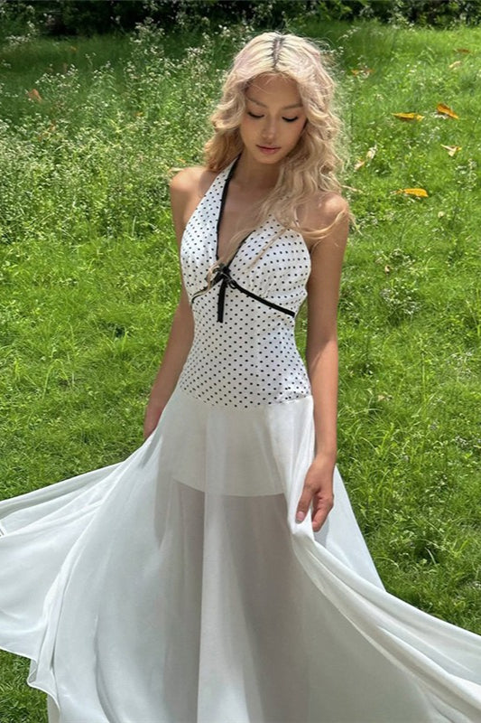 Print Polka Dot Backless Tie Maxi Dress