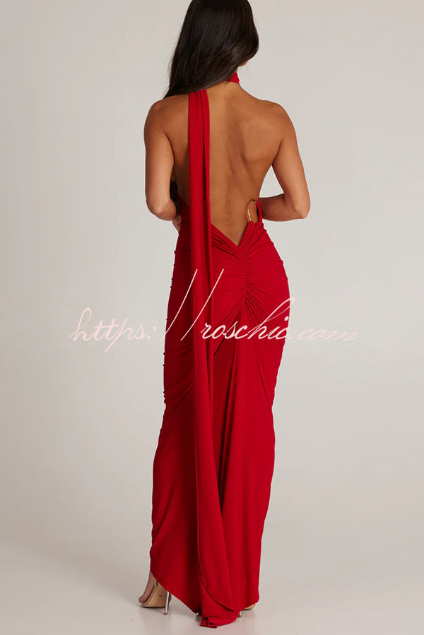 Backless Pleated Slim Color Sleeveless Maxi Dress