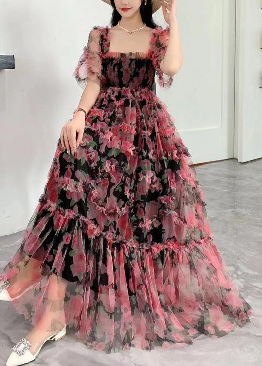 Vogue Black Square Collar Ruffled Print Tulle Long Dress Summer Az1011
