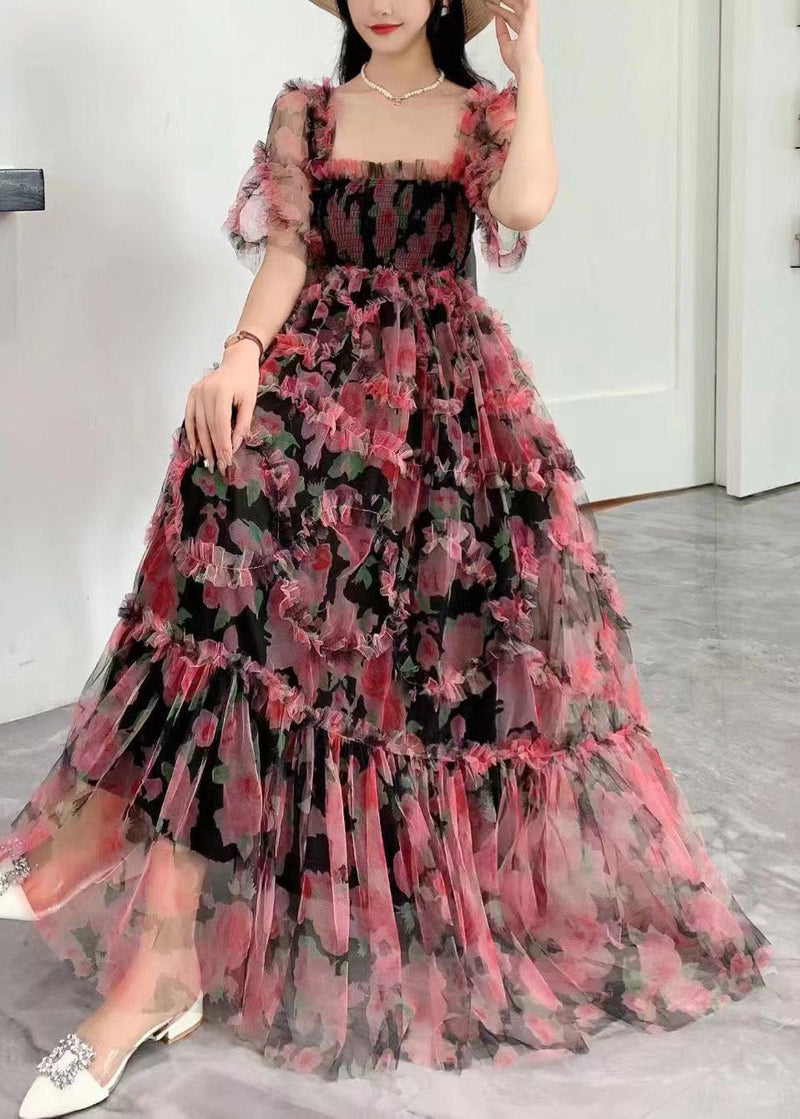 Vogue Black Square Collar Ruffled Print Tulle Long Dress Summer Az1011