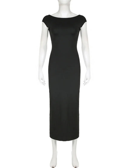 Hot Backless Black Dress – Sleeveless Patchwork High Waist Long Dress