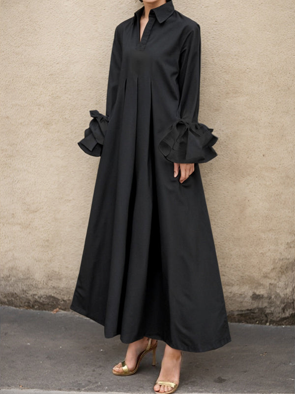 Flared Sleeves Pleated Color Split-joint Lapel Maxi Dresses Shirt Dress