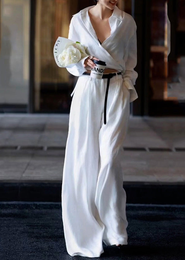 Natural White Peter Pan Collar High Waist Linen Shirts and Pants Two Pieces Set Long Sleeve An1032