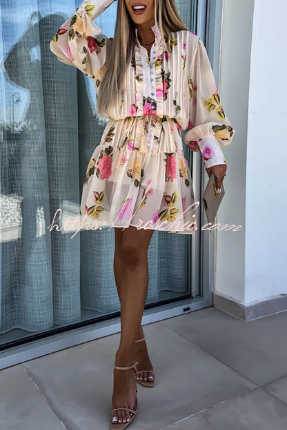 Sunset and Dreams Print Subtle Tuck Lantern Sleeve Belt Mini Dress