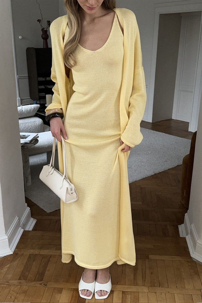 Soft Knit Cutout Tank Dress Long Sleeve Cardigan Two Piece Set