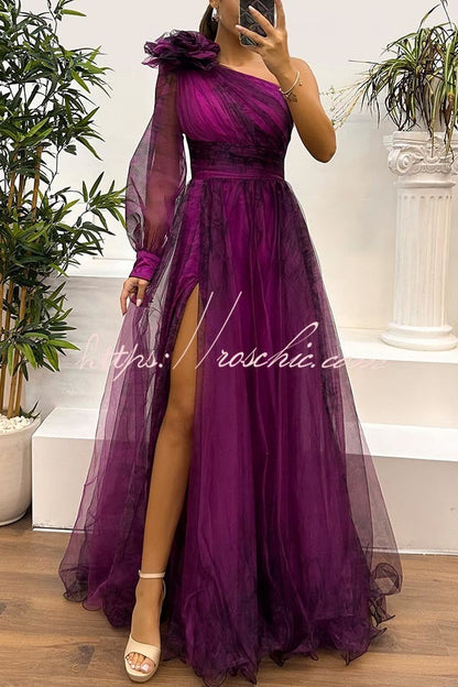Guest List Tulle Printed Flower Pendant One Shoulder Pleated Slit Maxi Dress