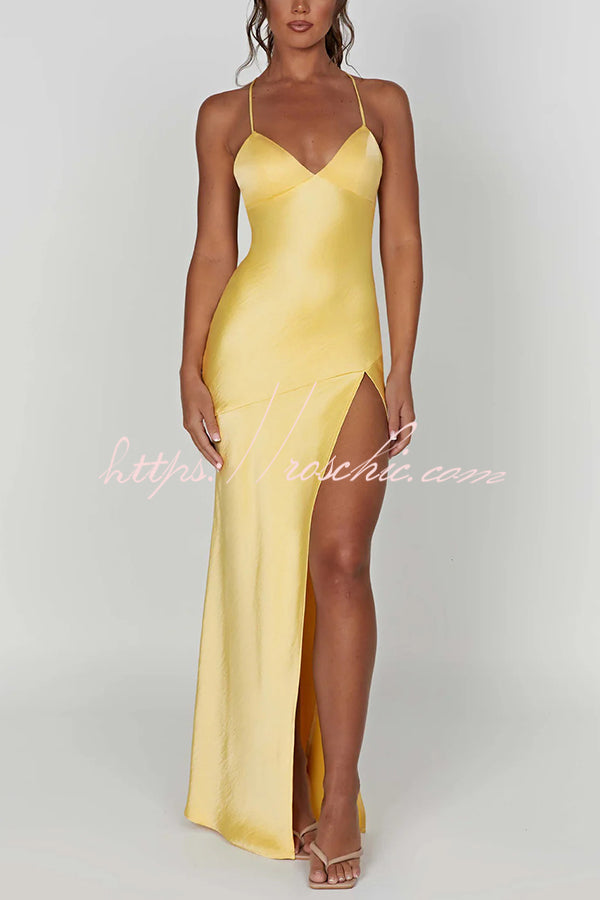 Satin Color Backless Lace Up High Slit Maxi Dress