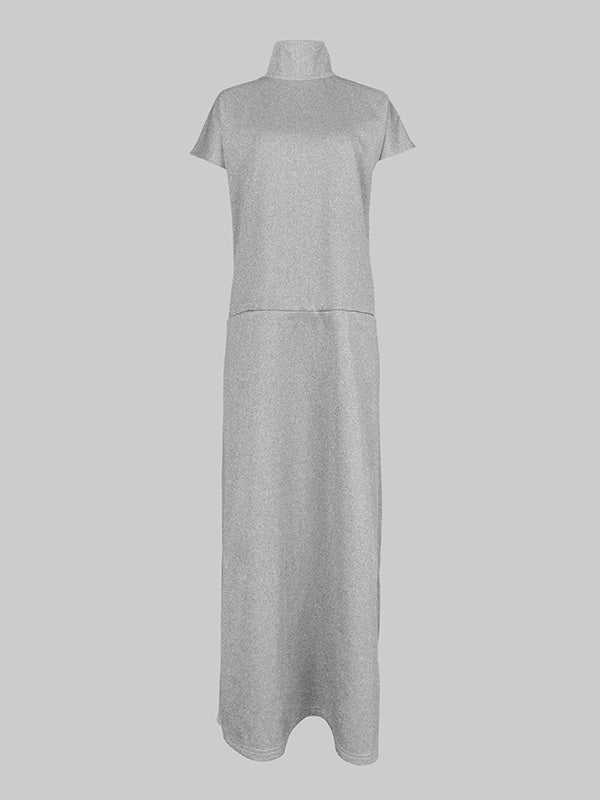 Loose Short Sleeves Color Split-joint High Neck Maxi Dresses
