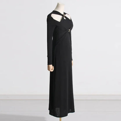 Irregular High-waist Slim-fitting Long-sleeved Dress Fashionable Metal Twist Evening Dress White Long Dresses for