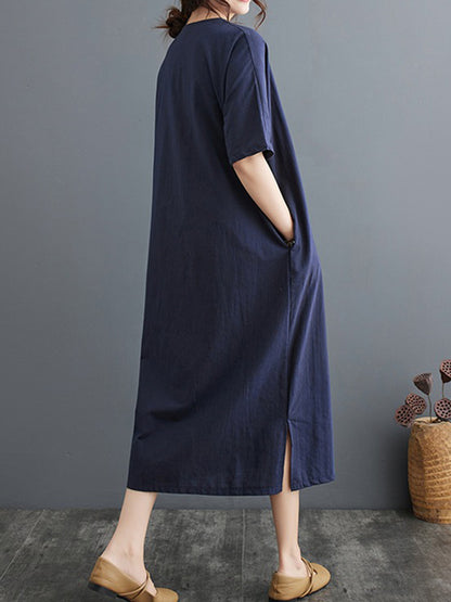 A-line Loose Chinese Frog Buttons Pockets Color Split-side V-neck Midi Dresses