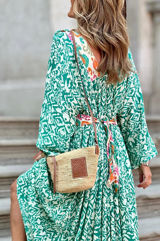 Ledell Green Totem Print V-neck Maxi Dress