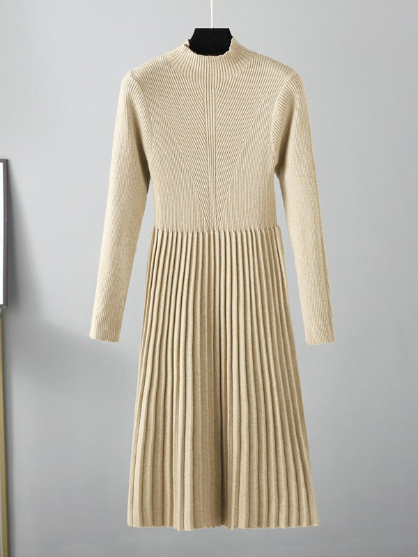 Stylish Long Sleeves High Waisted Pleated Color Half Turtleneck Sweater Dresses