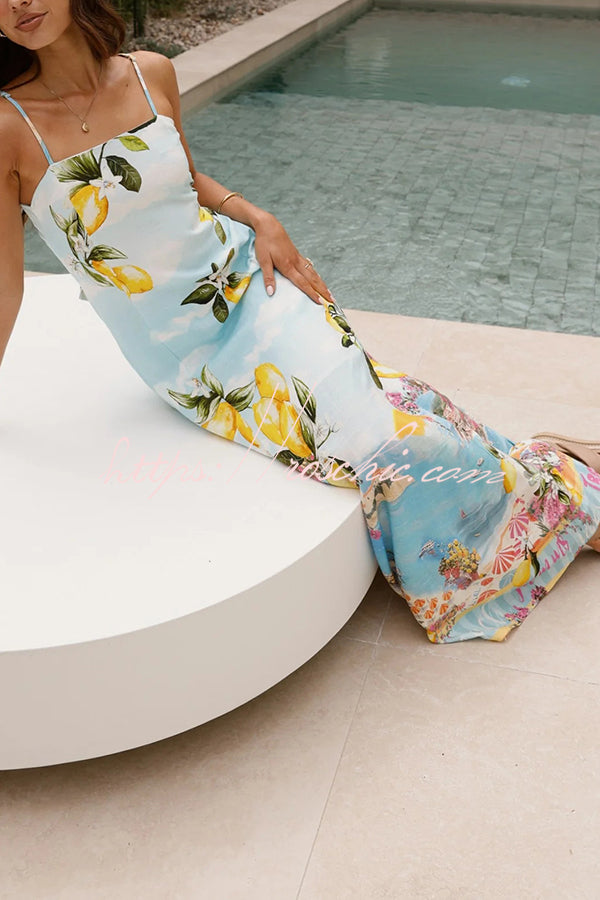 Summer Lemon Print Suspender Back Lace Up Maxi Dress