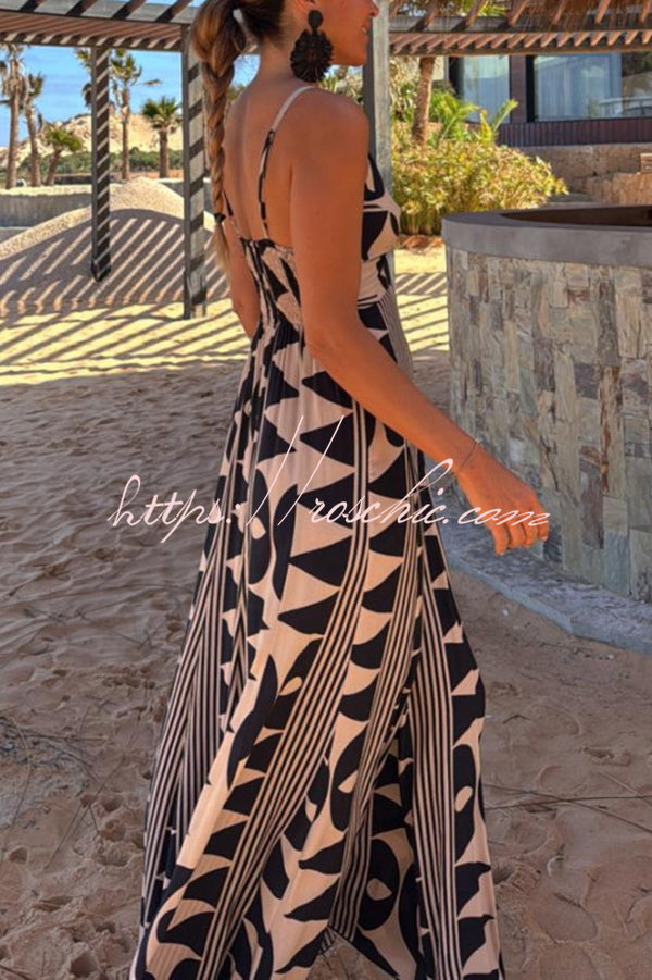 Sabine Geometric Print V-neck Back Smocked A-line Maxi Dress