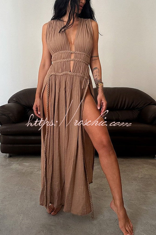 With Elegance Linen Blend Braids Belt Cutout Slit Kaftan Maxi Dress
