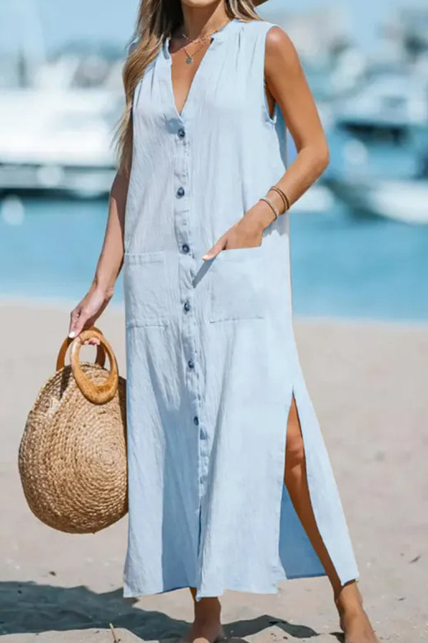 Cotton and Linen Sleeveless Loose V-neck Maxi Dress