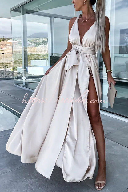 Different Effects Satin Free Tie Neck Slit Maxi Dress