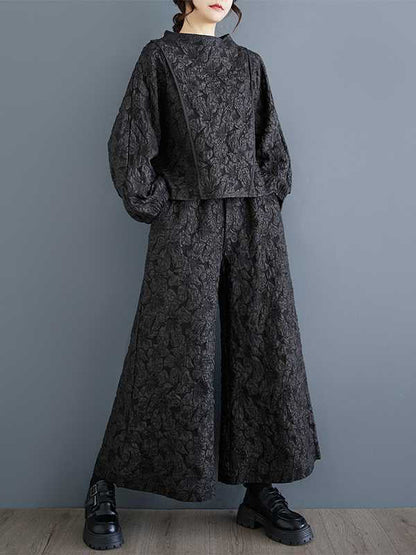 Classy Black Round-neck Jacquard Raglan Long Sleeve and Elastic Waist Pockets Wide Leg Pants Set Ws014