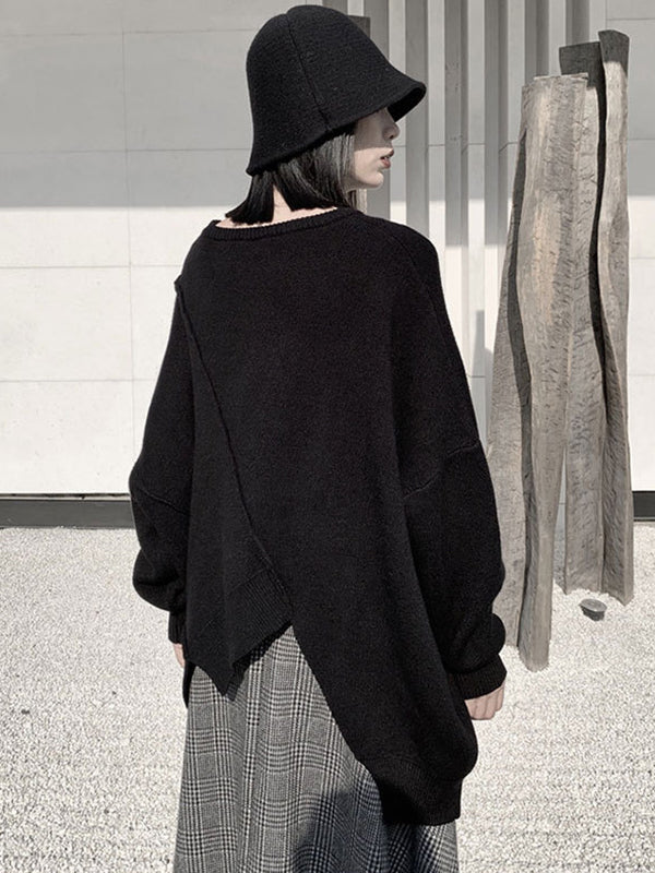 Original Loose Black Round-neck Batwing Sleeve Irregular Hem Knit Sweater An1037
