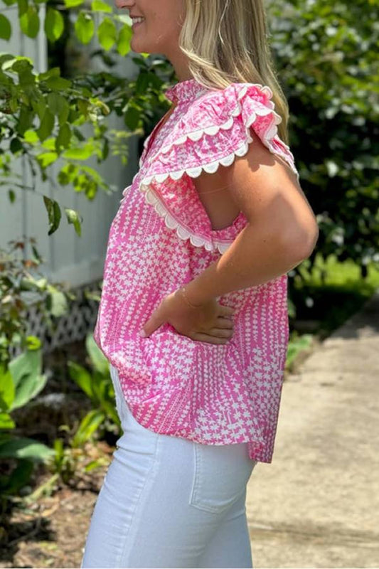 Pink Abstract Print Ric Rac Trim Flutter Sleeve Notch V Neck Blouse