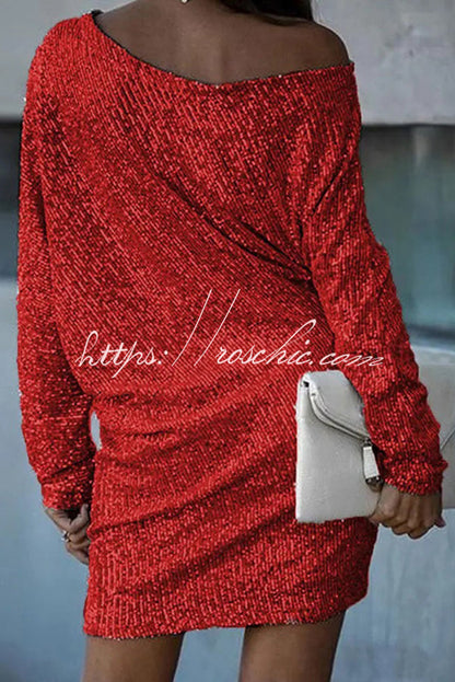 Sequined Off-shoulder Loose Mini Dress