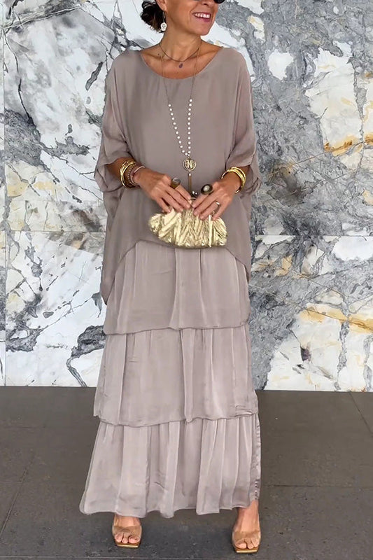 Color Crew Neck Loose Tiered Maxi Dress