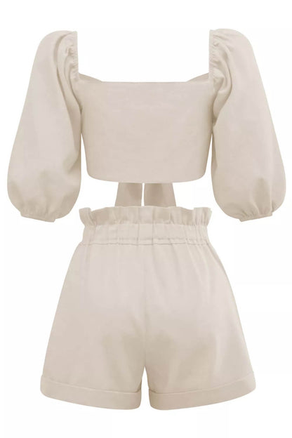 Linen Wrap Front Tie Puff Sleeve Shorts Sets in Khaki
