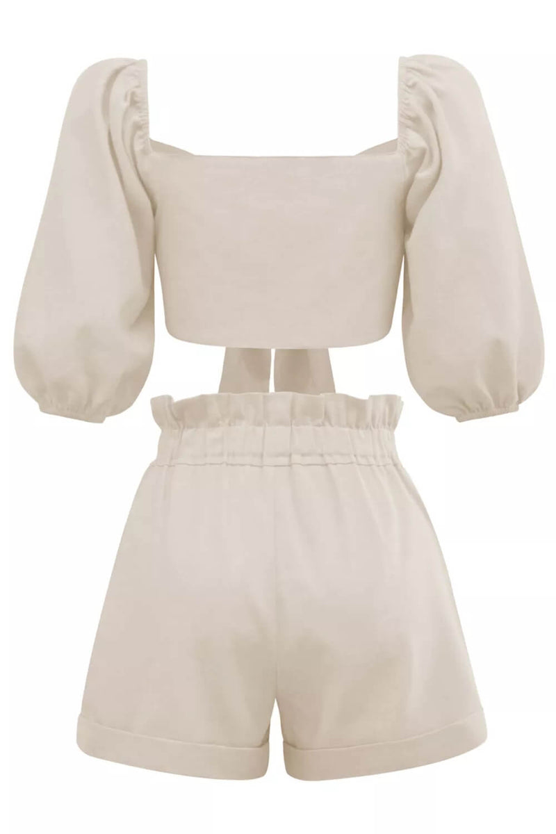 Linen Wrap Front Tie Puff Sleeve Shorts Sets in Khaki