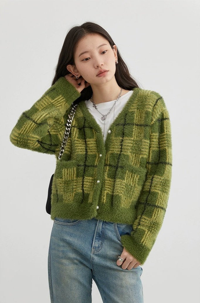 Plaid Fuzzy Cropped Cardigan