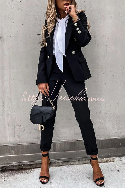 Time to Charm Lapel Button Pocket Long Sleeve Blazer Elastic Waist Pants Suit