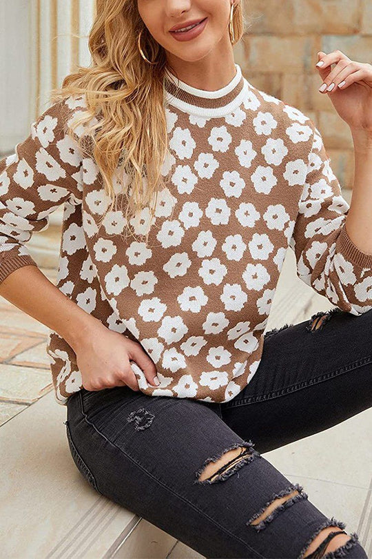 Mock Neck Print Knitted Sweater Color Block Light Weight Sweater