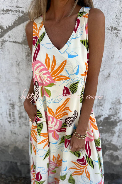 Botanical Print V-neck Pocket Loose Maxi Dress