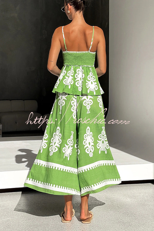 Unique Print Suspender Pleated Top and Elastic Waist Loose Wide-leg Pants Set