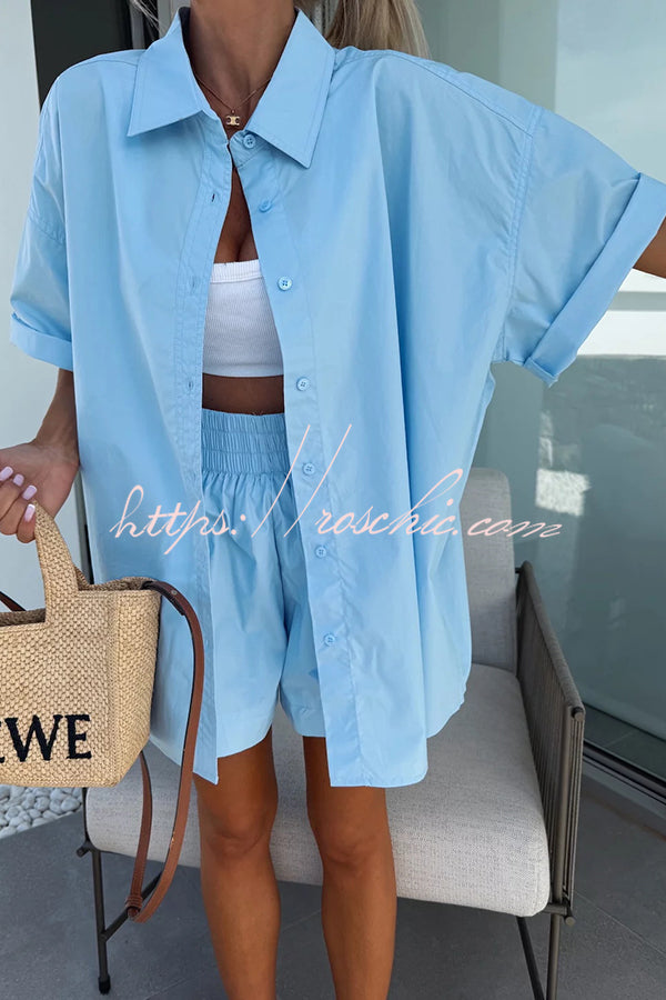Summer Loose Short-sleeved Shirt and Elastic High Waist Shorts Set