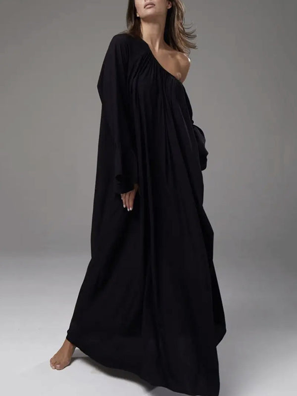 A-line Flared Sleeves Pleated Color Split-joint Round-neck Maxi Dresses