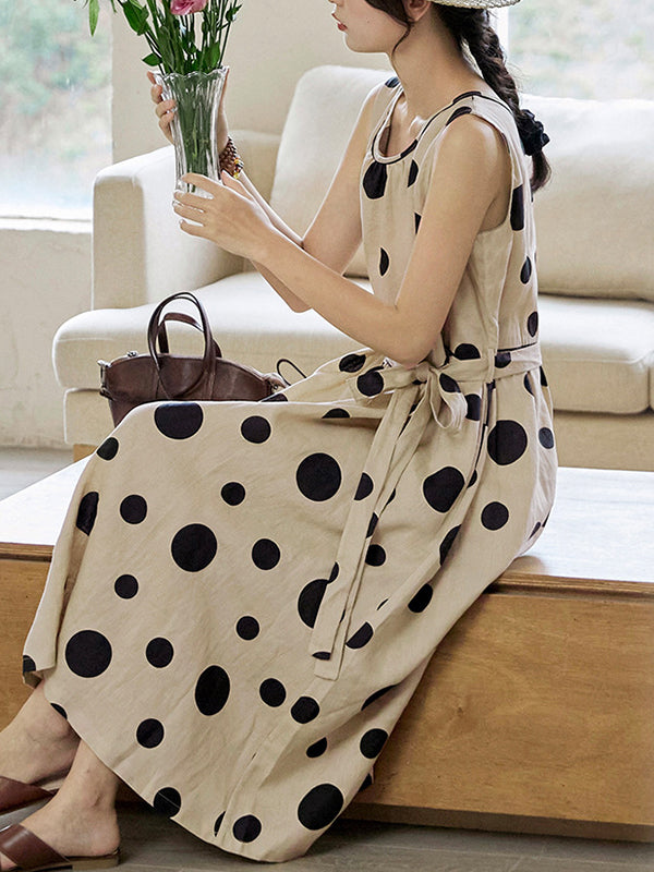 Loose Sleeveless Contrast Color Pleated Polka-dot Split-joint Tied Waist Round-neck Midi Dresses