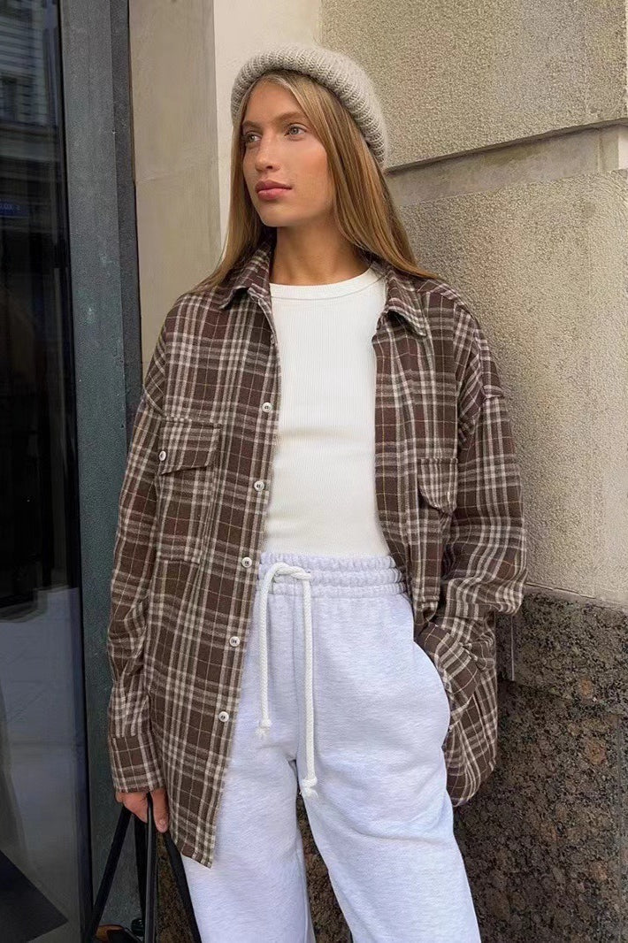 American Plaid Double-pocket Mid-length Blouse