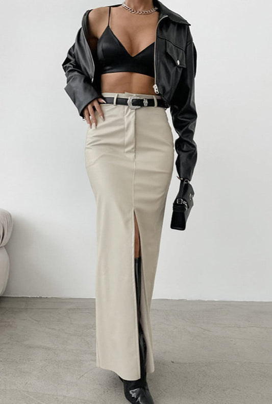 Khaki Pu Leather High Waist Split Midi Skirt