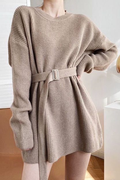 French Style Tie-waist Knit Mini Dress