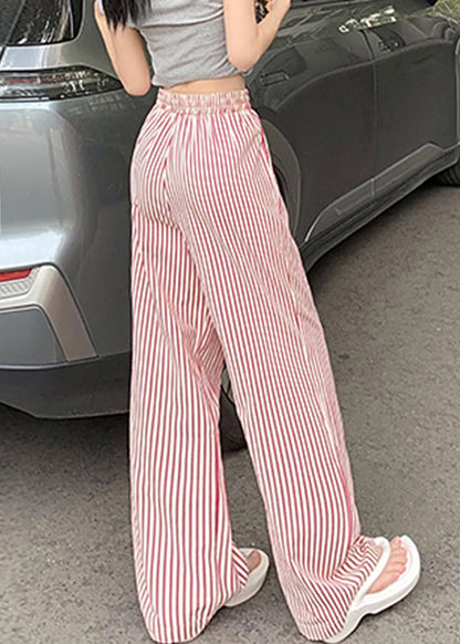 Pink Lace Up Pockets Cotton Pants High Waist Summer Nn008