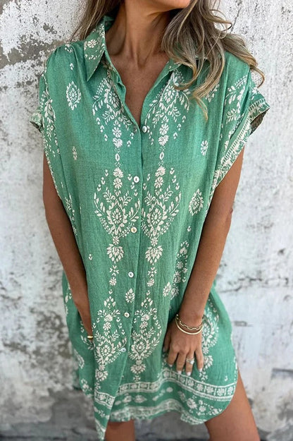 Linen Blend Unique Print Lapel Pocket Mini Dress