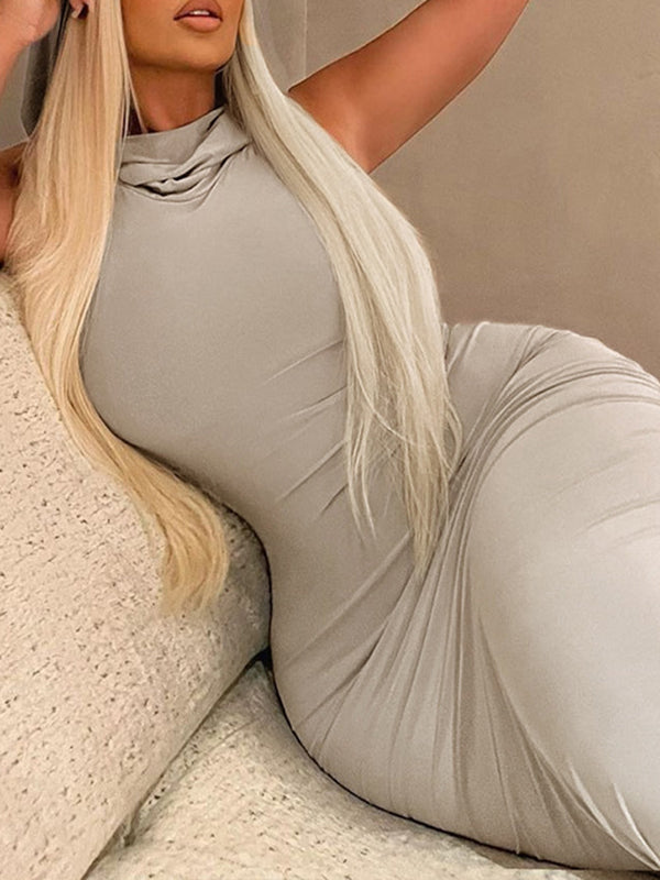 Bodycon High Waisted Hooded Color Split-back Maxi Dresses