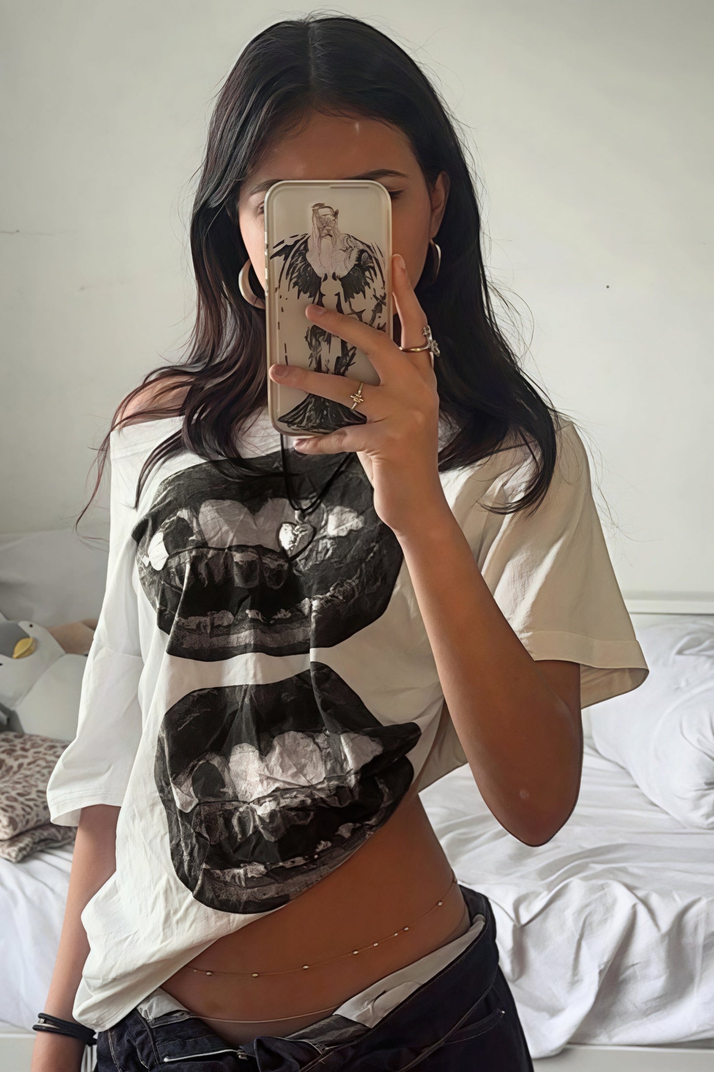 Hip Hop Lip Print Asymmetric Neck T-shirt