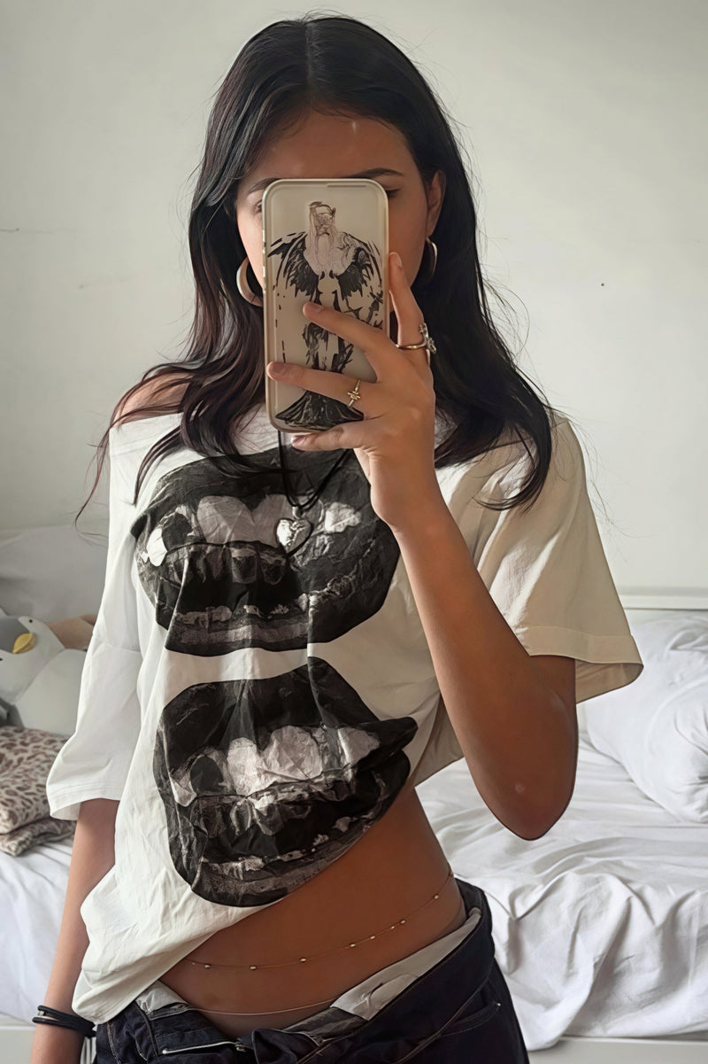 Hip Hop Lip Print Asymmetric Neck T-shirt