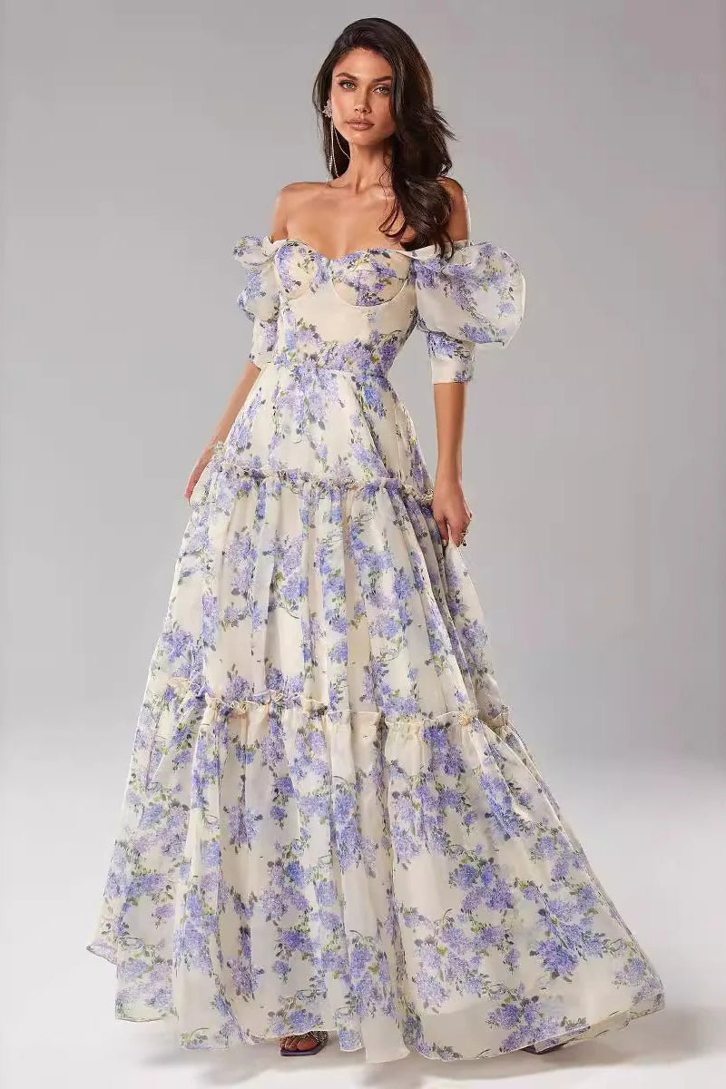 Print Off Shoulder Puff Sleeve Organza Maxi Dress