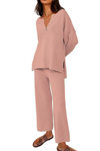Heather Hailey Color Button V Neck Top and Pant Two Piece Set