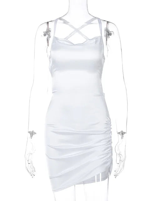 Strap Mini Dress Ruched Lace Up Cross Bandage Backless Bodycon Party Club Christmas Slim
