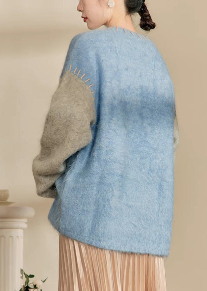 Loose Blue O-neck Patchwork Thick Cotton Knit Sweaters Winter Ry004
