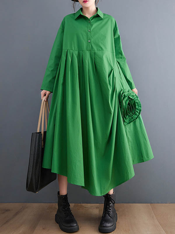 Urban Applique Pleated Long Sleeves Shirt Dress Midi Dress